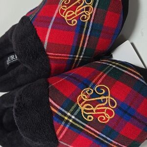 NWT Ralph Lauren Womens Plaid Tartan Slippers M‎ Shearling Lined Monogram Crest